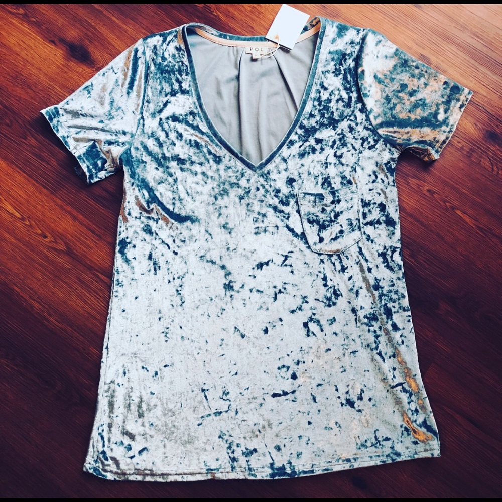 SENDING A FRIEND Blue Sage Velvet V-Neck Tee - Picture 2 of 8